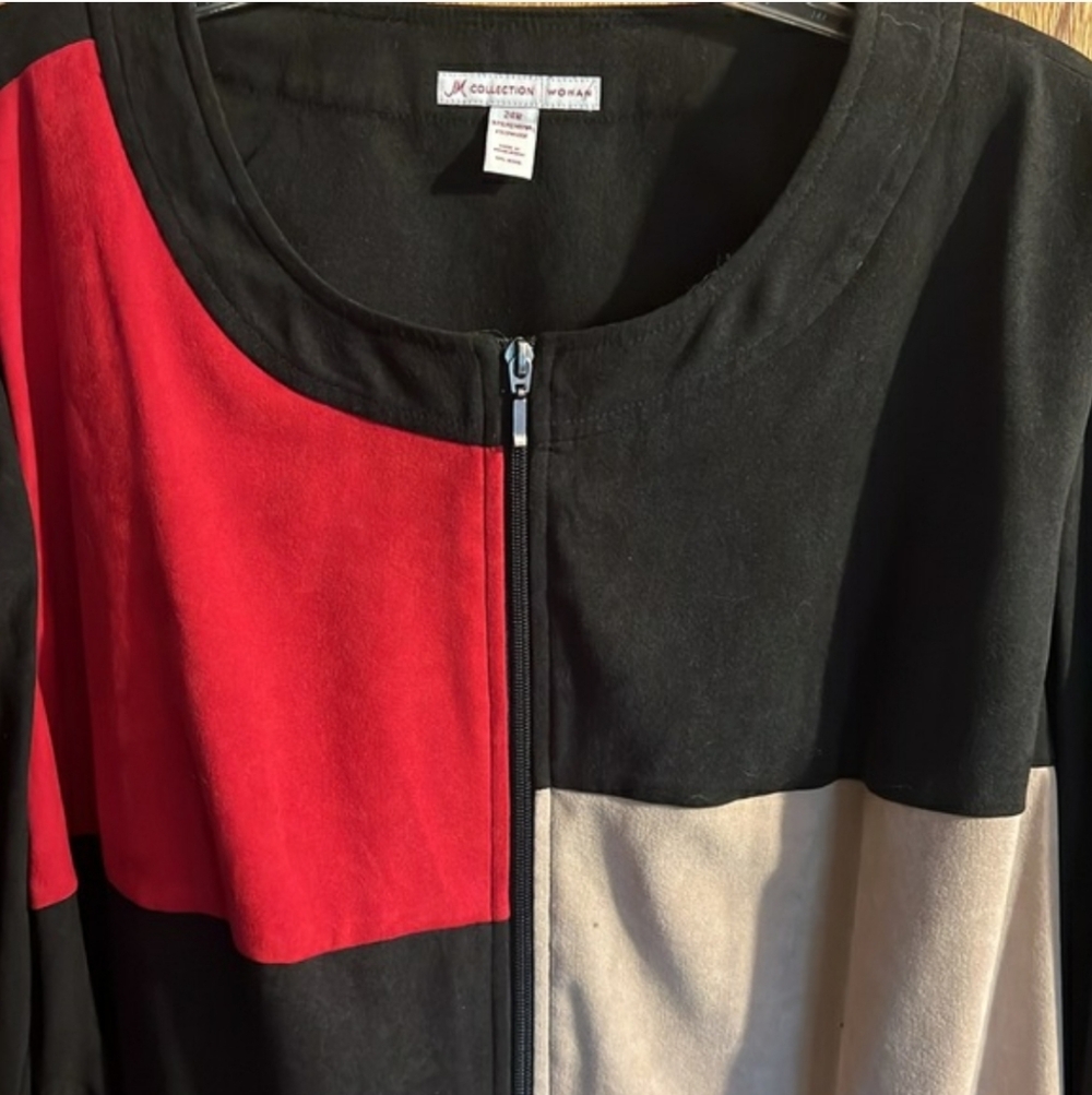JM Collection Colorblock Zip-Up Blazer / Jacket - Black, Red, Cream, & Tan,  3X